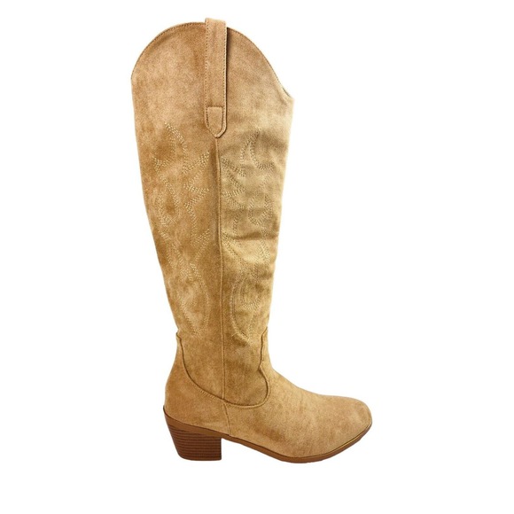 Womens Faux Leather Knee High Block Heels Western Cowboy Work Boots Tan Size 41 - Picture 3 of 13